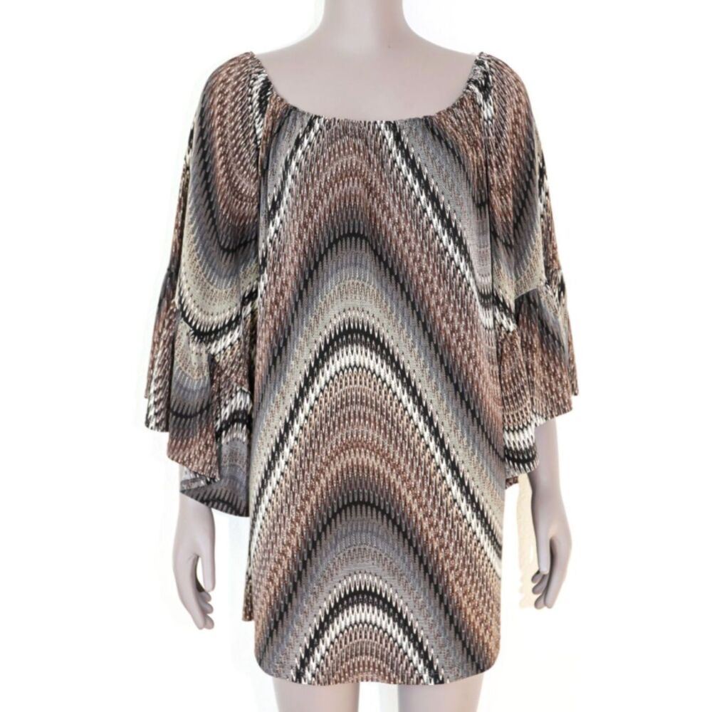 Abstract Print Boho Tunic Top Medium Brown Beige Flowy Peasant Hippie Retro 70s